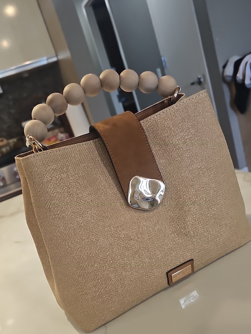 Beaded Handle Beige Tote Bag with Brown Trim